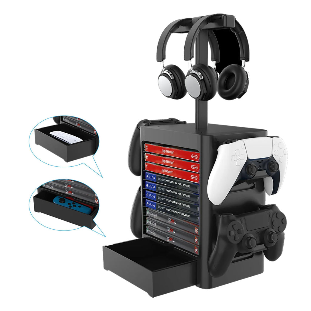 Black ABS gaming console storage rack with controller hooks, headphone top, and drawer for PS5 Xbox Switch accessories