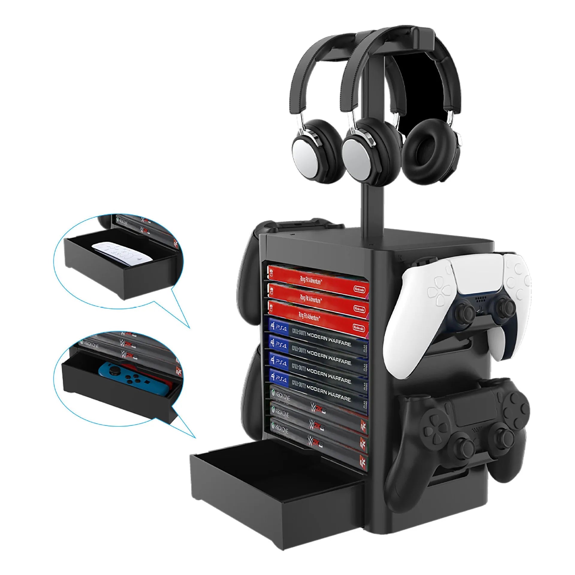 Black ABS gaming console storage rack with controller hooks, headphone top, and drawer for PS5 Xbox Switch accessories