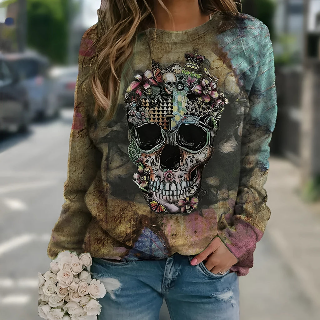 Black long sleeve sweatshirt with a detailed white skull and skeleton bone graphic print on the front.