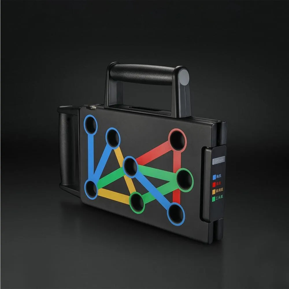 Yunmai black push up stand with two armrests and main board on a wooden floor