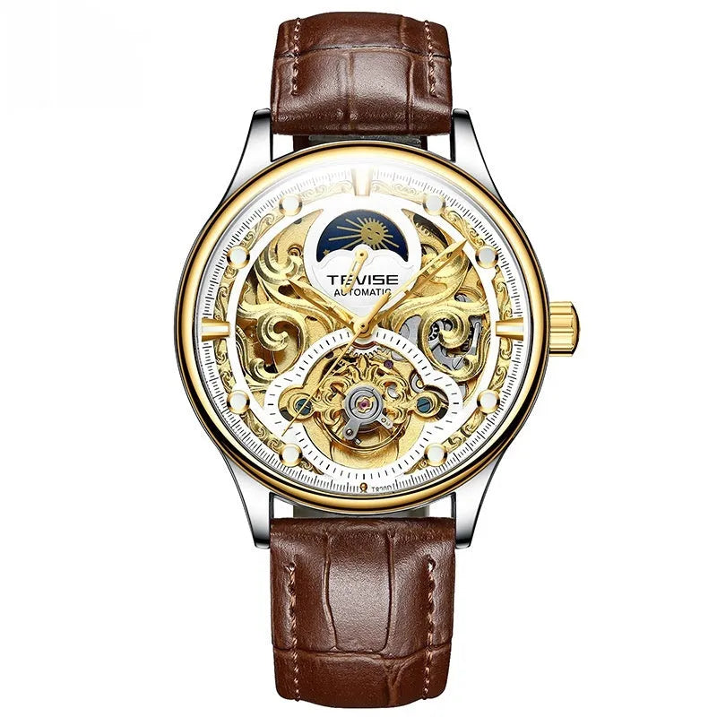 Men's gold and white leather strap automatic waterproof business watch with 16mm case