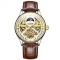 Men's gold and white leather strap automatic waterproof business watch with 16mm case