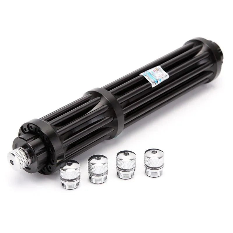 Black anodised aluminium tactical laser flashlight showing tail switch and 168mm length.