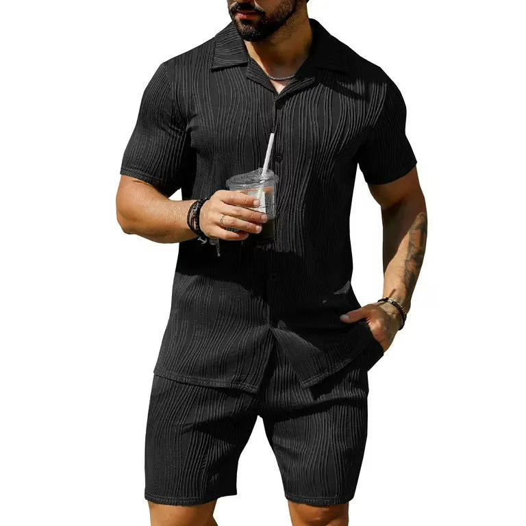 Men's black wave pattern shorts suit with short sleeve top and matching casual shorts