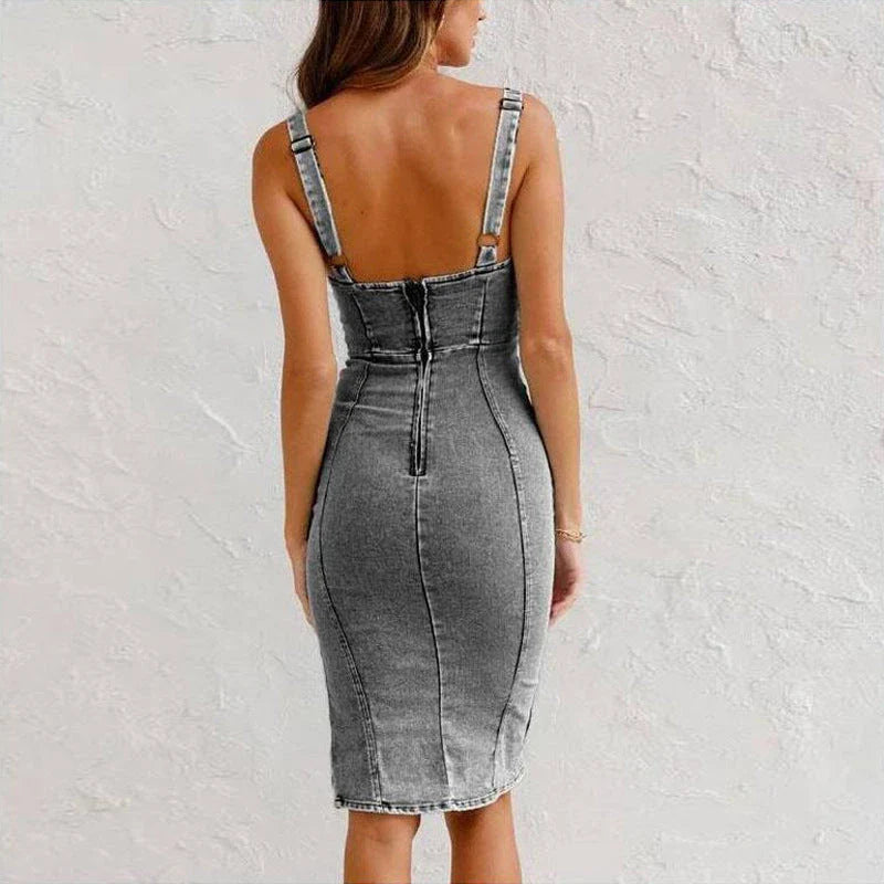 Stylish U-neck denim dress with slit design, available in blue and black grey colors