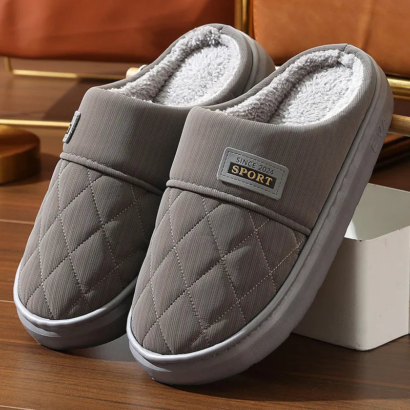 Men's winter home slippers with plush lining, EVA sole, polyester upper, in coffee, grey, or navy blue.