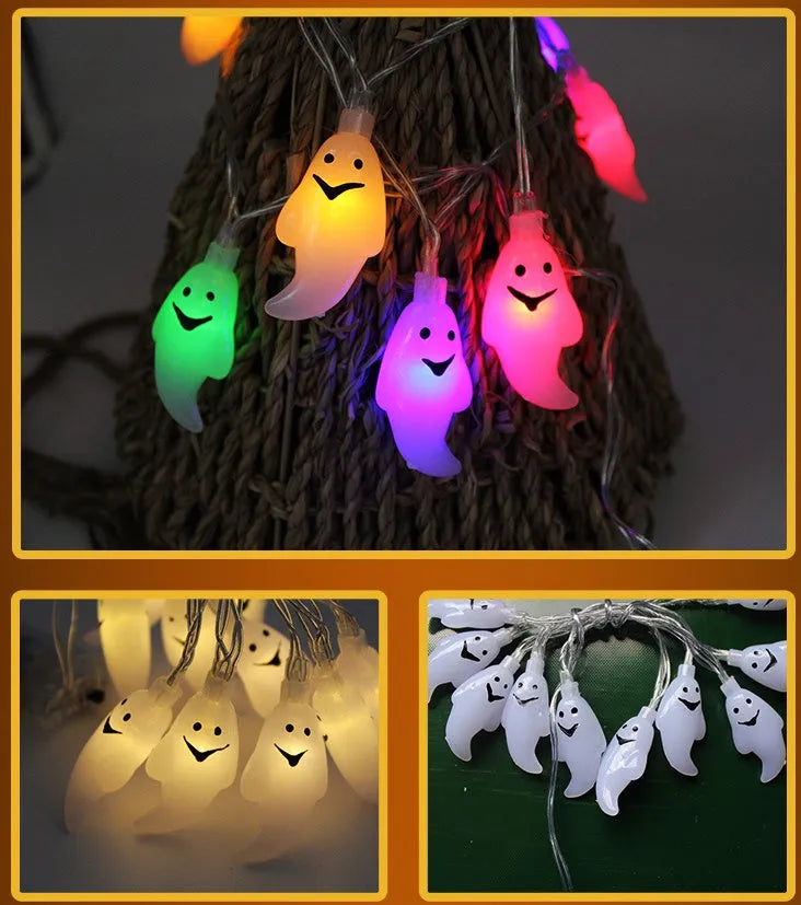Halloween LED string lights with bat, ghost, pumpkin, and spider pendants on a 1.2 metre white wire.