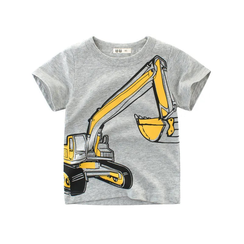 Children's short sleeve cotton T-shirt with cartoon print in flower ash colour, round neck.