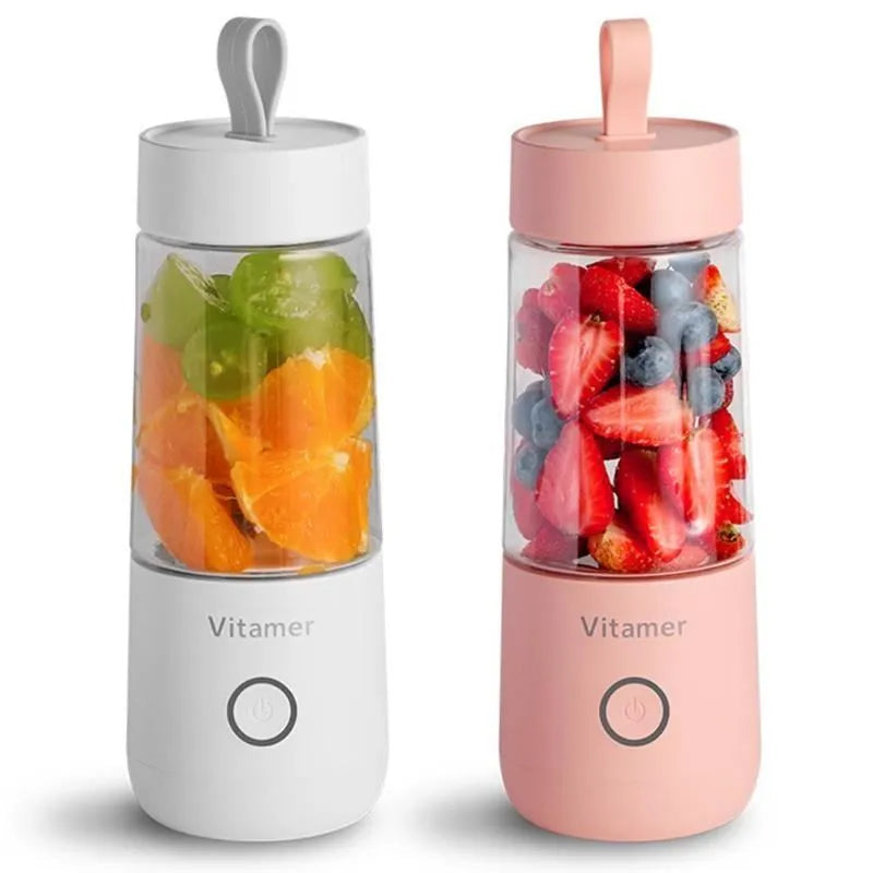 White portable USB blender bottle with silicone handle and stainless steel blade inside.