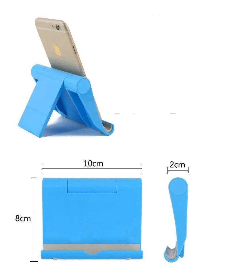 Folding phone and tablet stand in PP and TPR, about 10cm by 8cm by 2cm, in eight colours