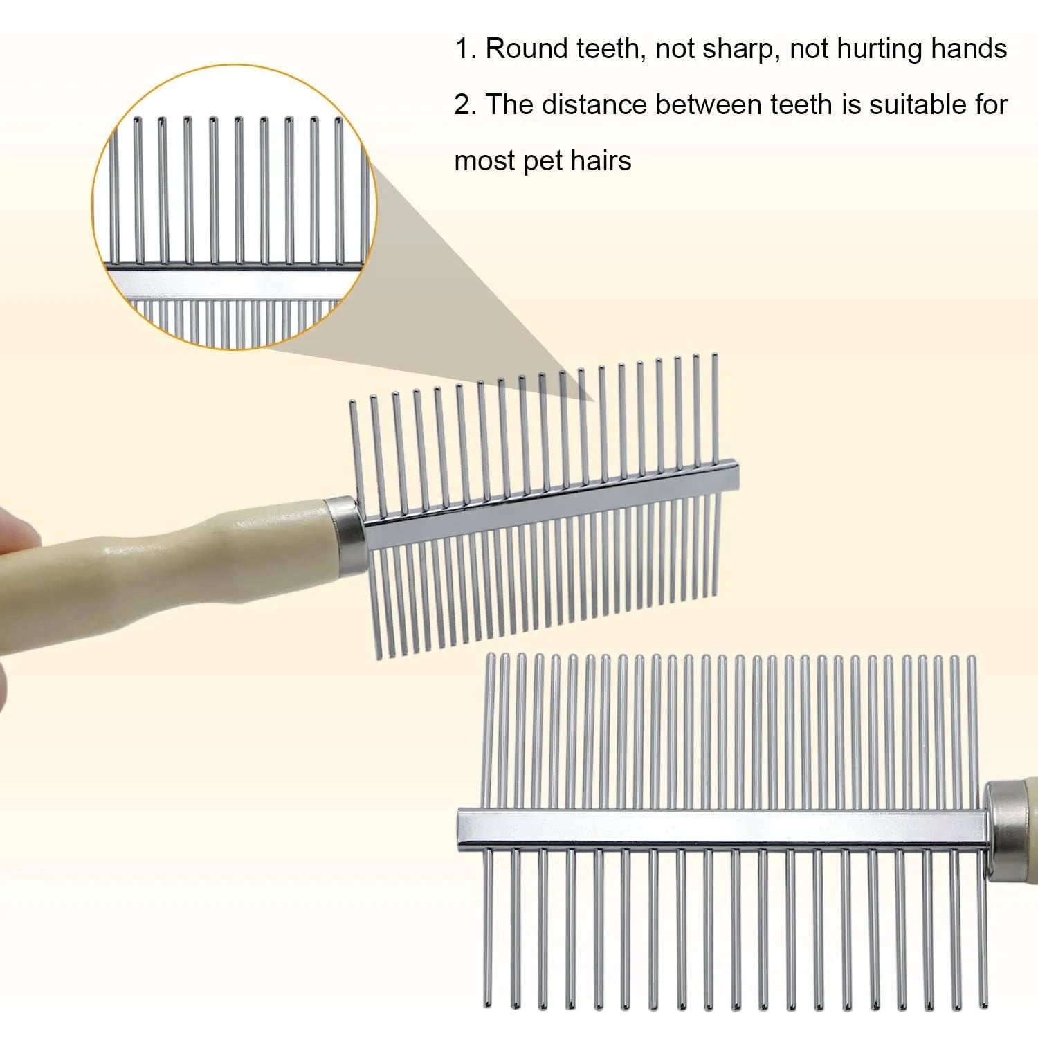 Wooden handle pet grooming comb with rounded metal teeth for dogs and cats
