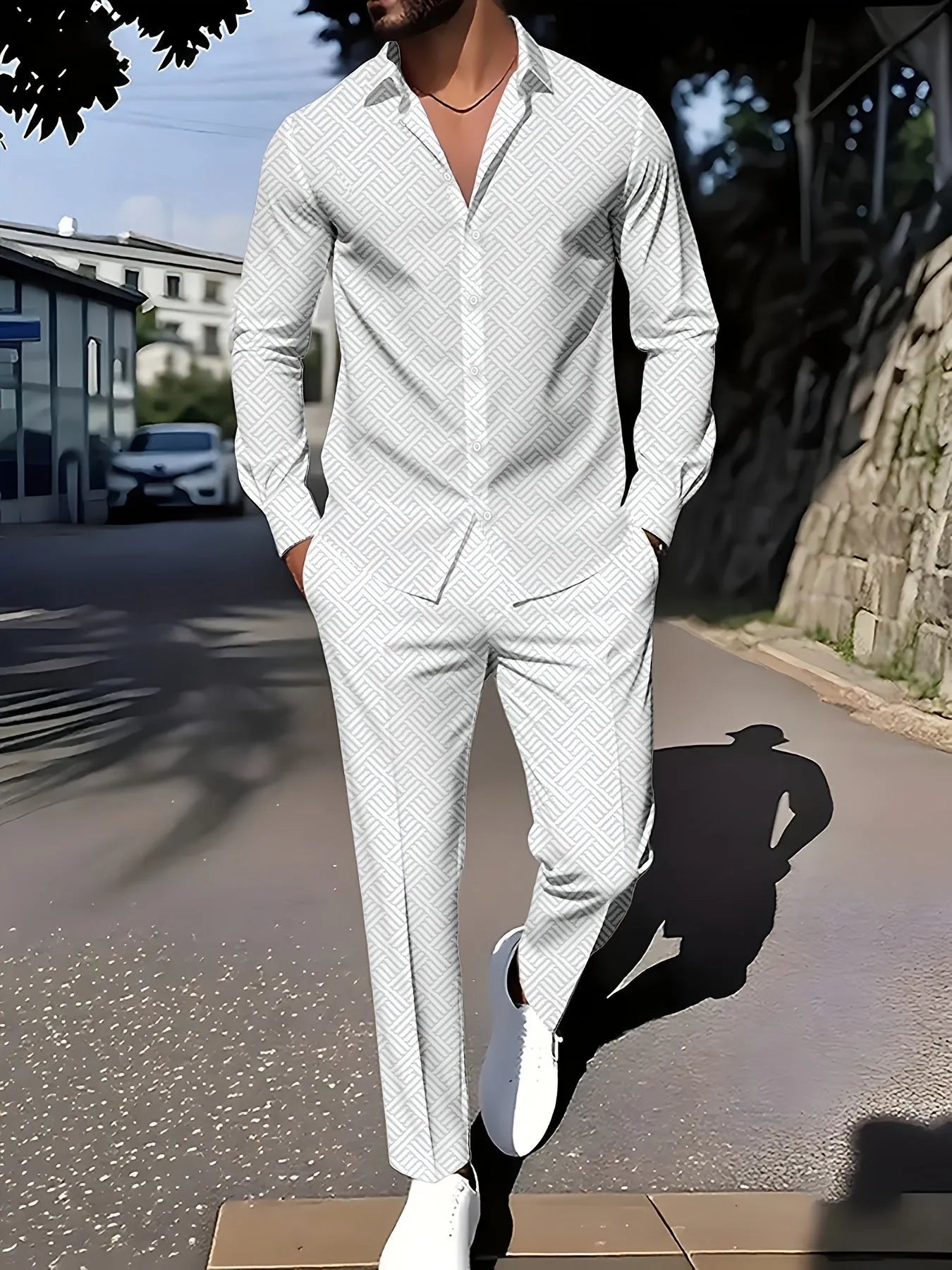 Men's plaid square grain print suit set with shirt-style jacket and trousers in navy blue