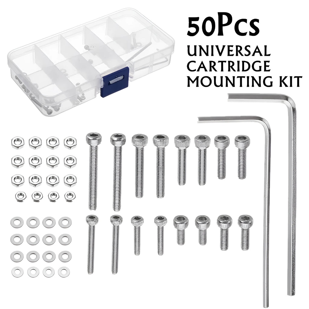 Stainless steel turntable cartridge mounting kit with allen bolts, nuts, washers and Allen keys