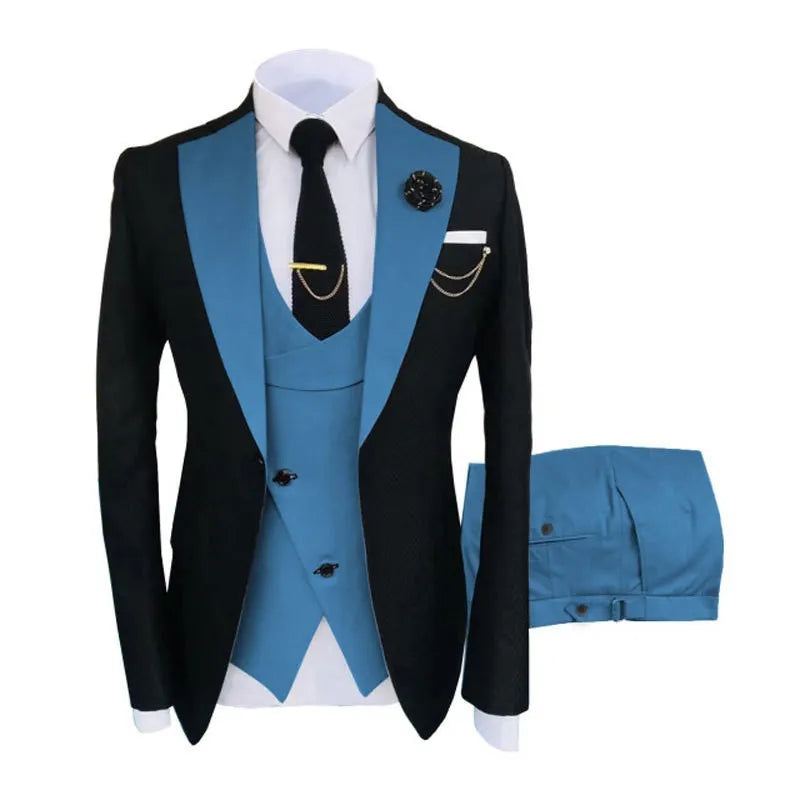 Men's slim fit three-piece business suit in cotton with coat, vest, and trousers for formal occasions