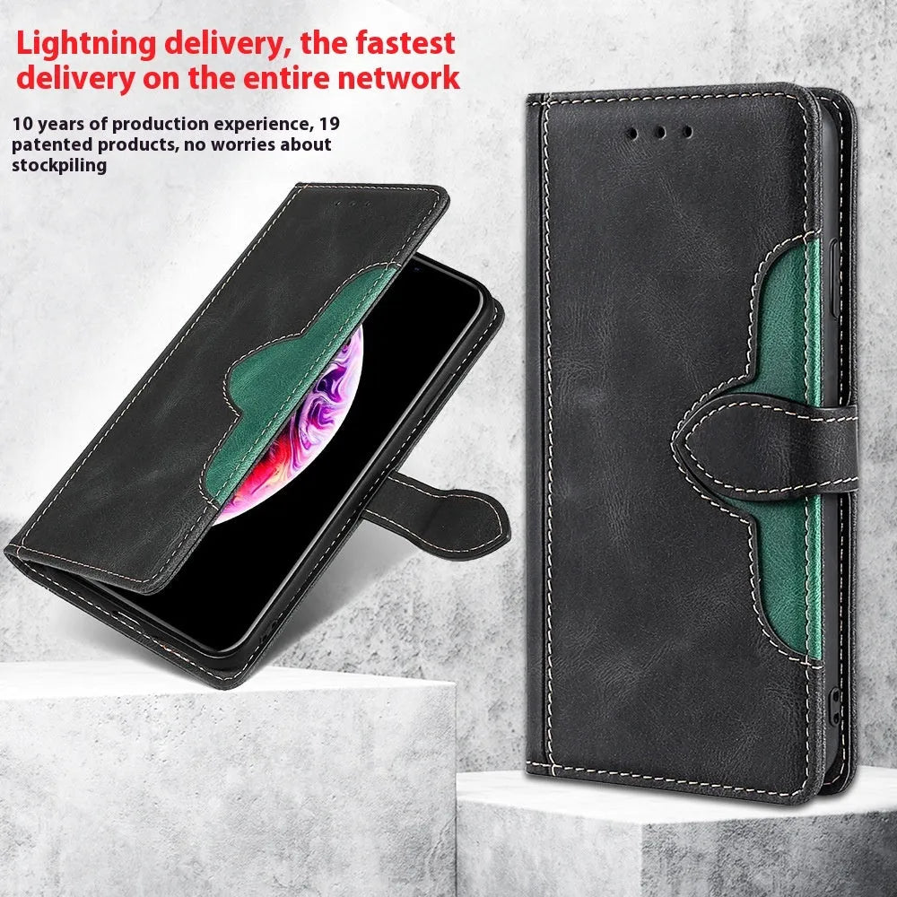 Flip phone case with card slot and kickstand bracket for Apple iPhone, available in black, brown, red, blue