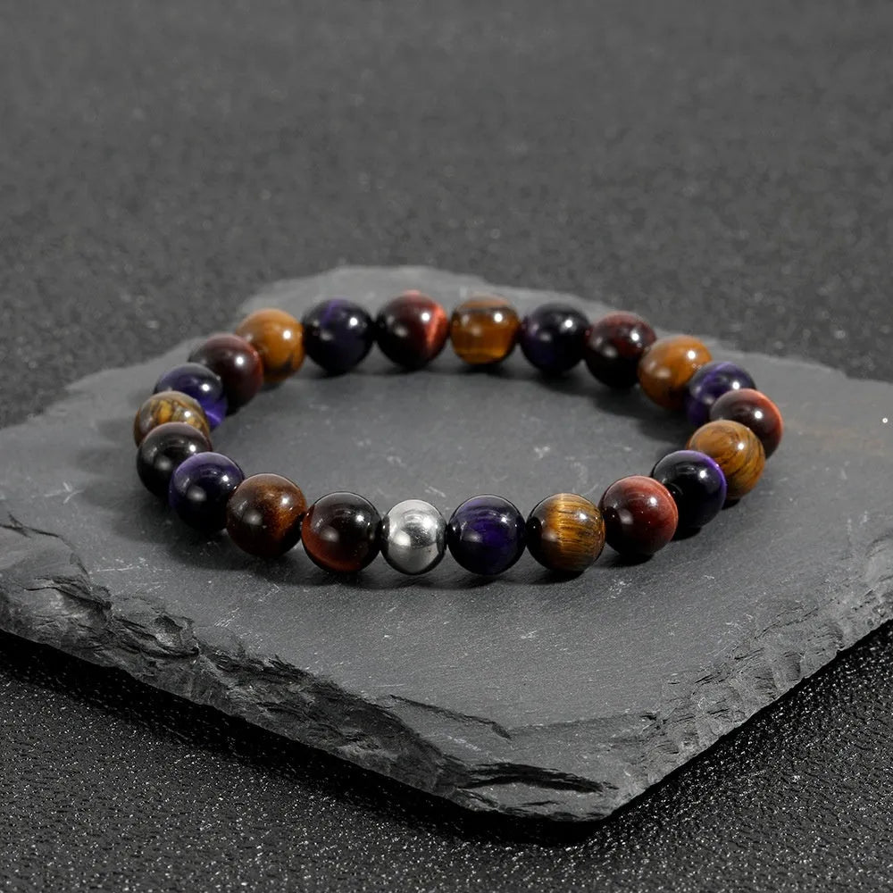Natural tiger-eye stone elastic bracelet in minimalist geometry style