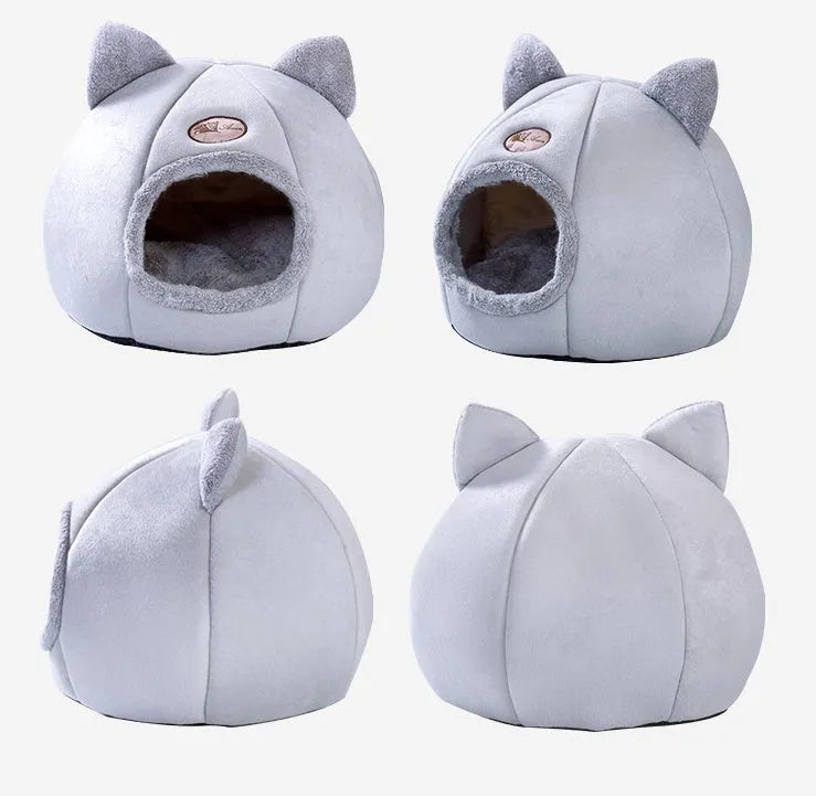 Semi-enclosed warm and fluffy pet nest in plush fabric with raised rim, available in M L and XL sizes for dogs and cats