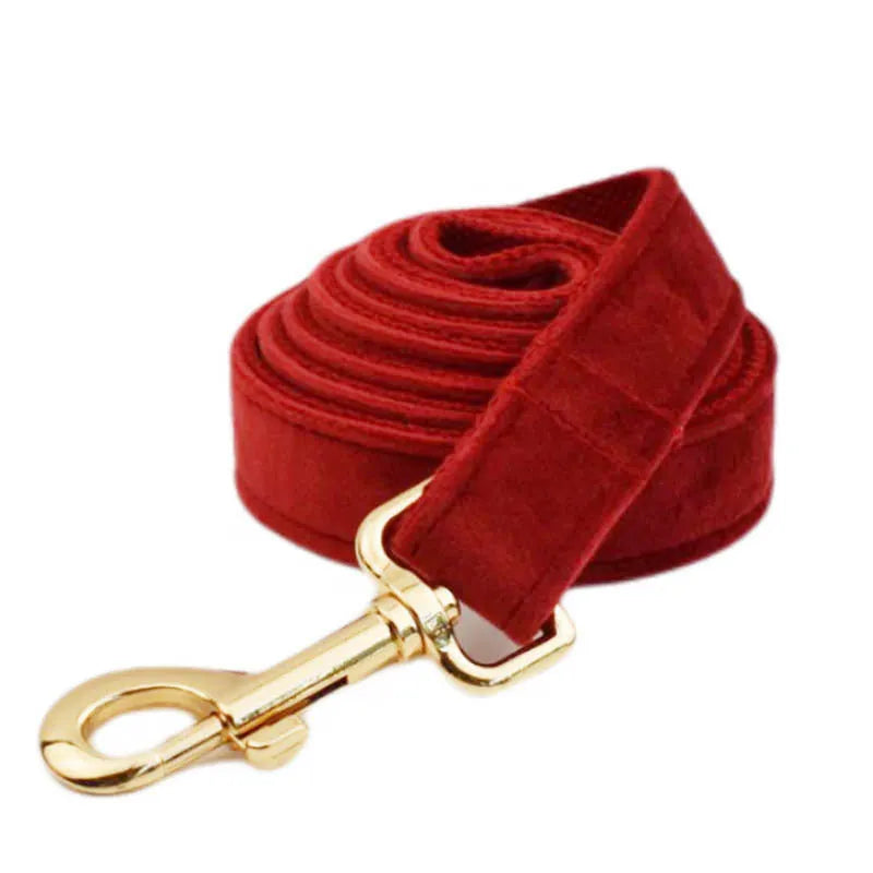 Dog collar and accessory set with cloth leash, vest, bow, flower, and poop bag components
