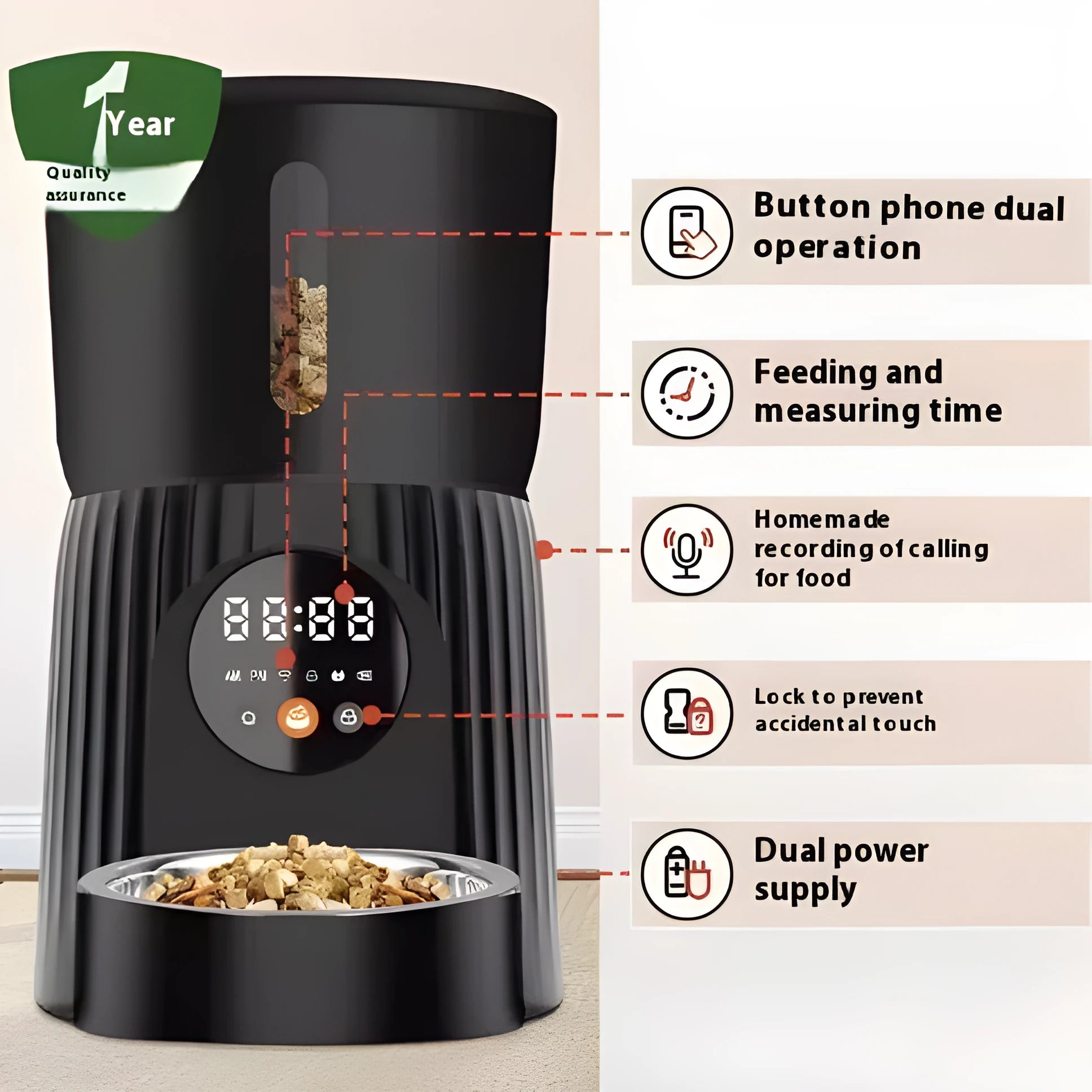Black and white automatic pet feeder with digital display and USB connection