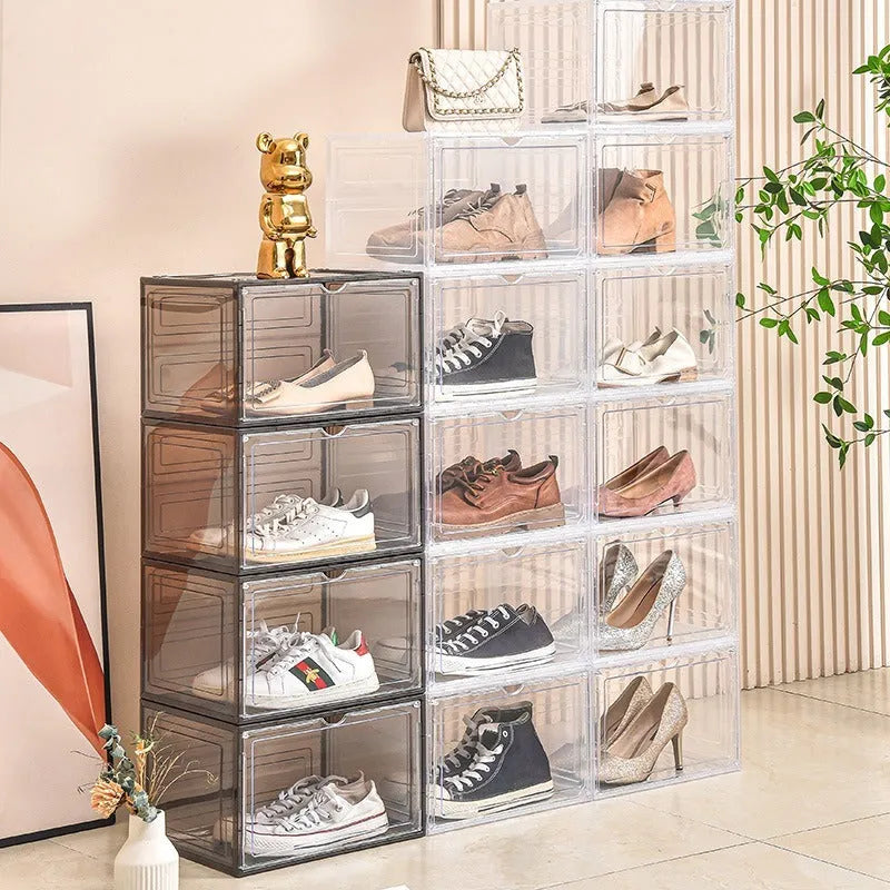 Large transparent acrylic shoe storage box with magnetic door and lid.