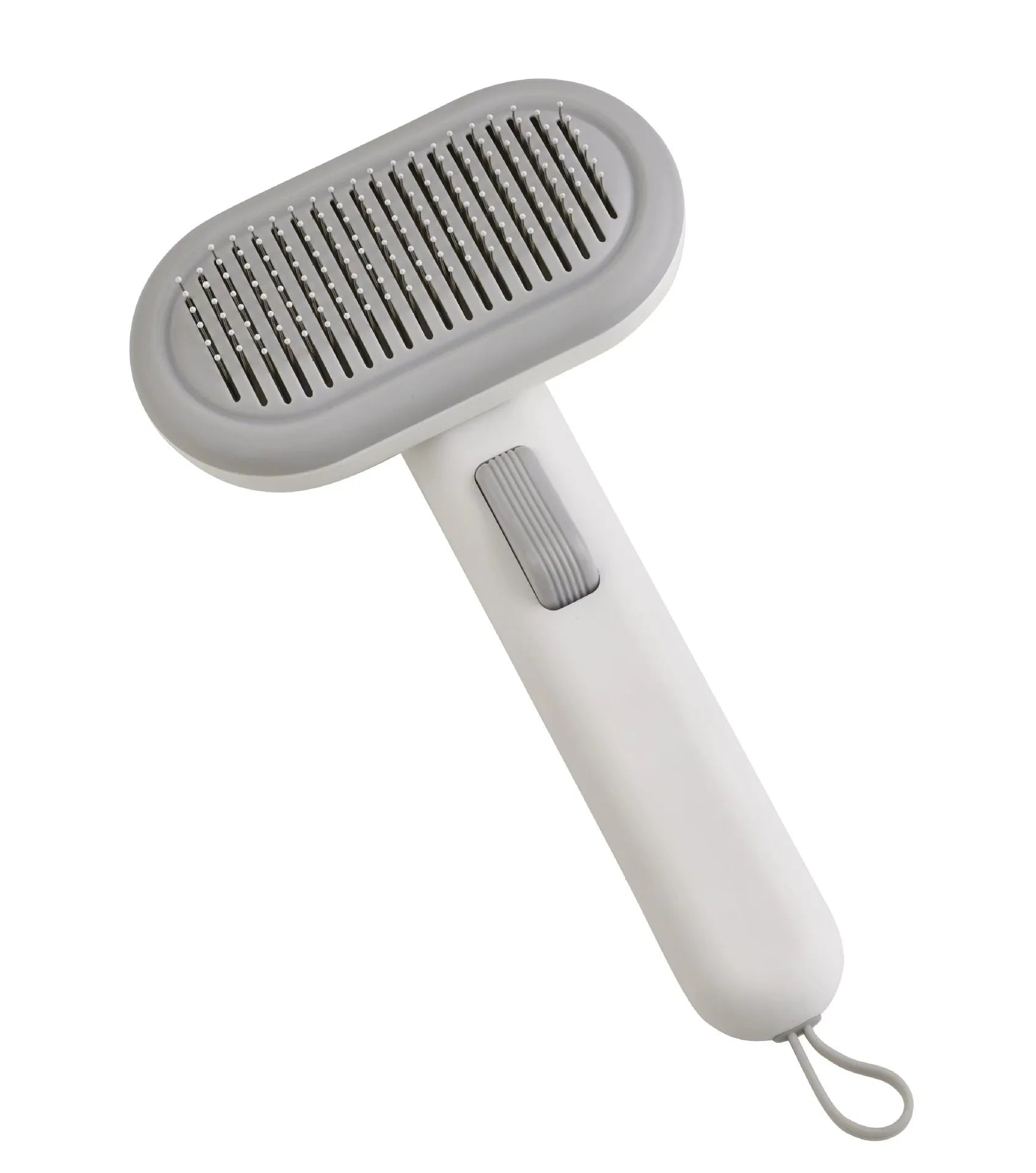Large light grey pet hair removal comb with floating teeth and a one-click shaver head for cats and dogs.