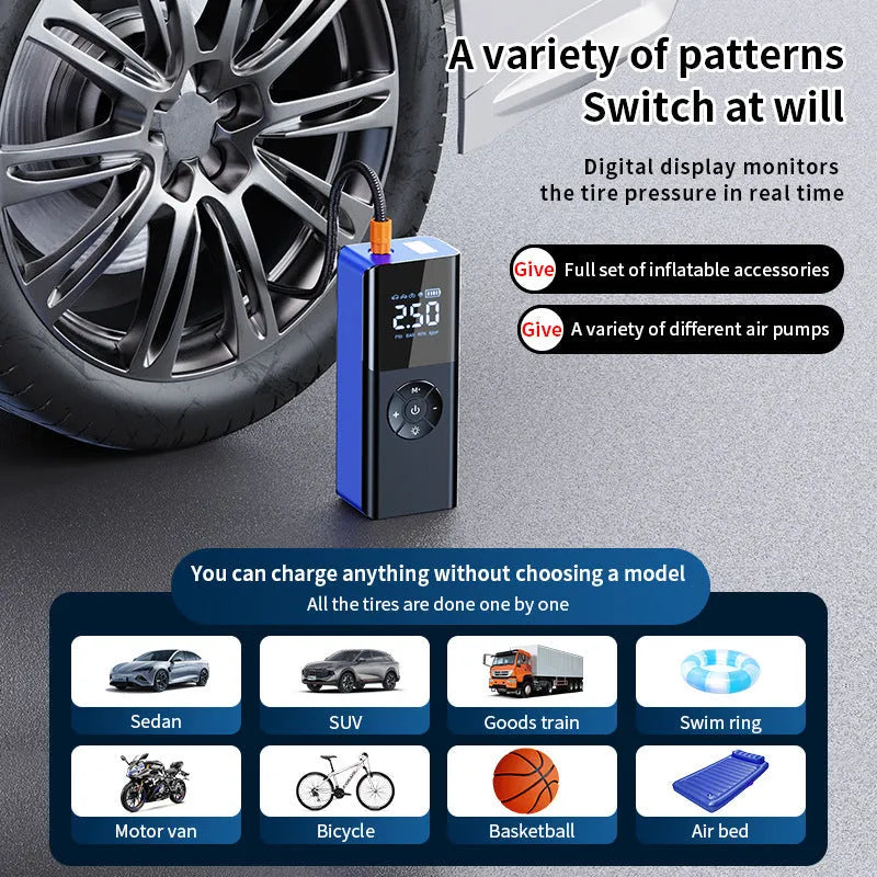 Blue wireless portable car tyre inflator with digital display and warning light