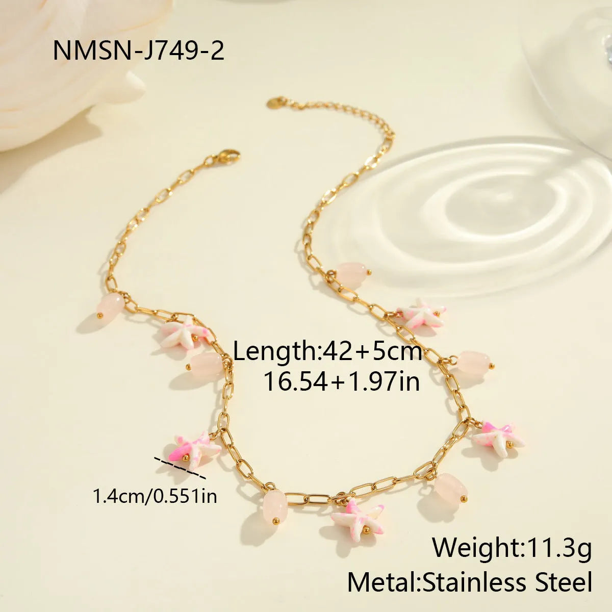 Stainless steel starfish necklace and bracelet set with electroplated 18K finish in blue, green, or pink