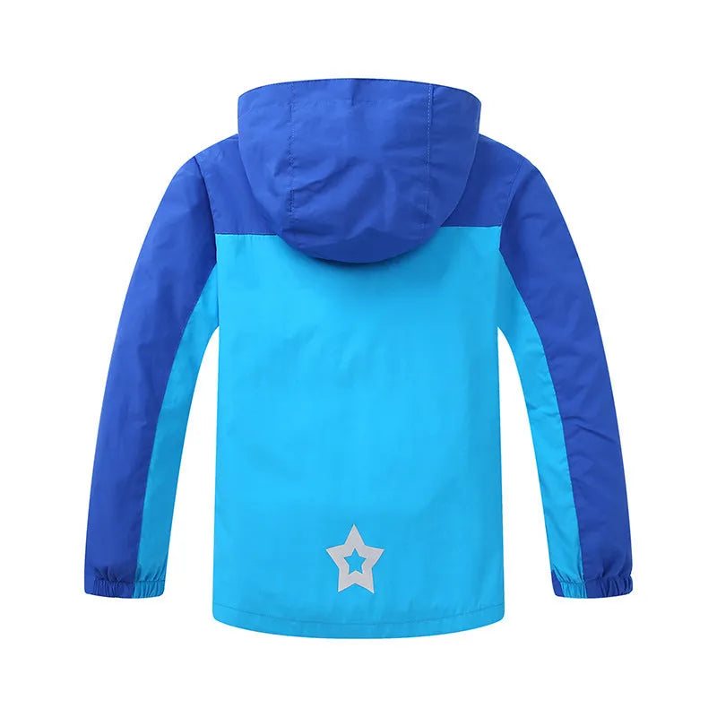 Blue children's long sleeve jacket with front zipper, shown on a hanger.