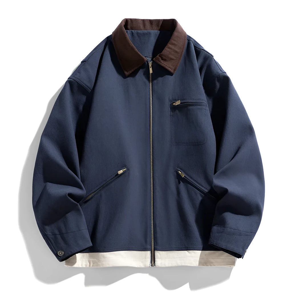 Men's loose-fit Korean retro workwear jacket with contrast lapels in olive green