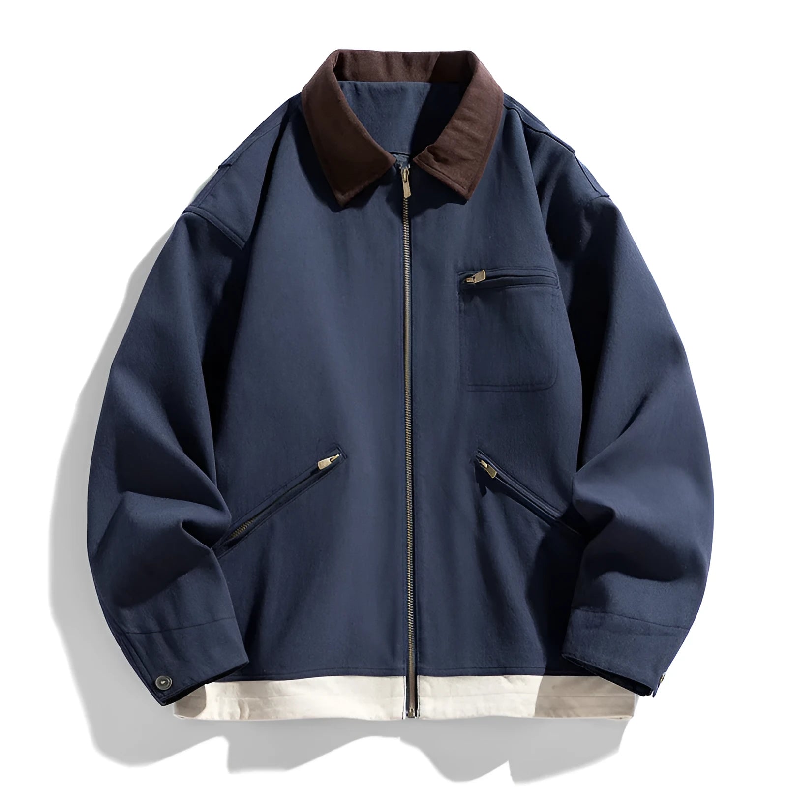 Men's loose-fit Korean retro workwear jacket with contrast lapels in olive green