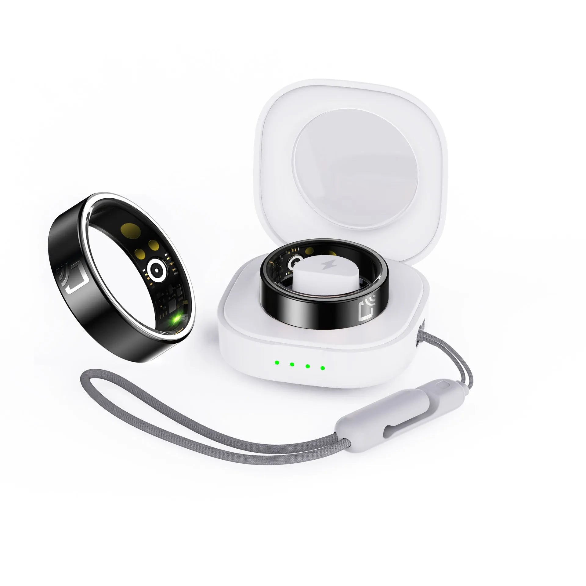 Black ceramic smart ring for health monitoring on a finger, showing a charging case accessory.