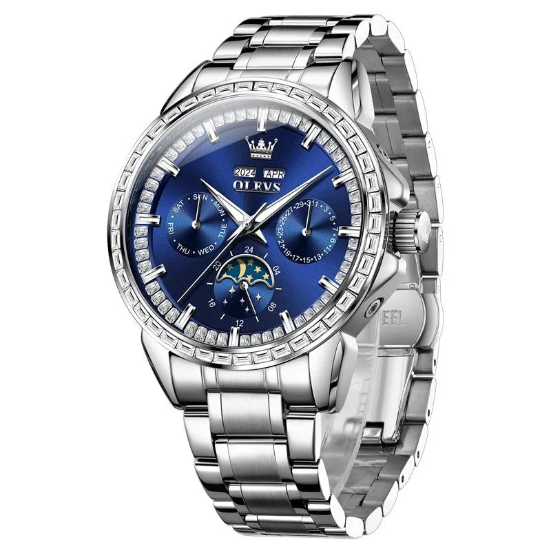 Men's automatic mechanical watch with diamond hour markers and transparent case back on stainless steel strap