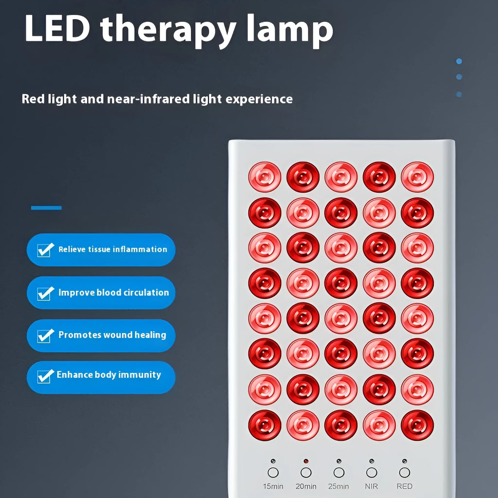 Red light therapy lamp on desktop stand with support frame, red housing and white finish option