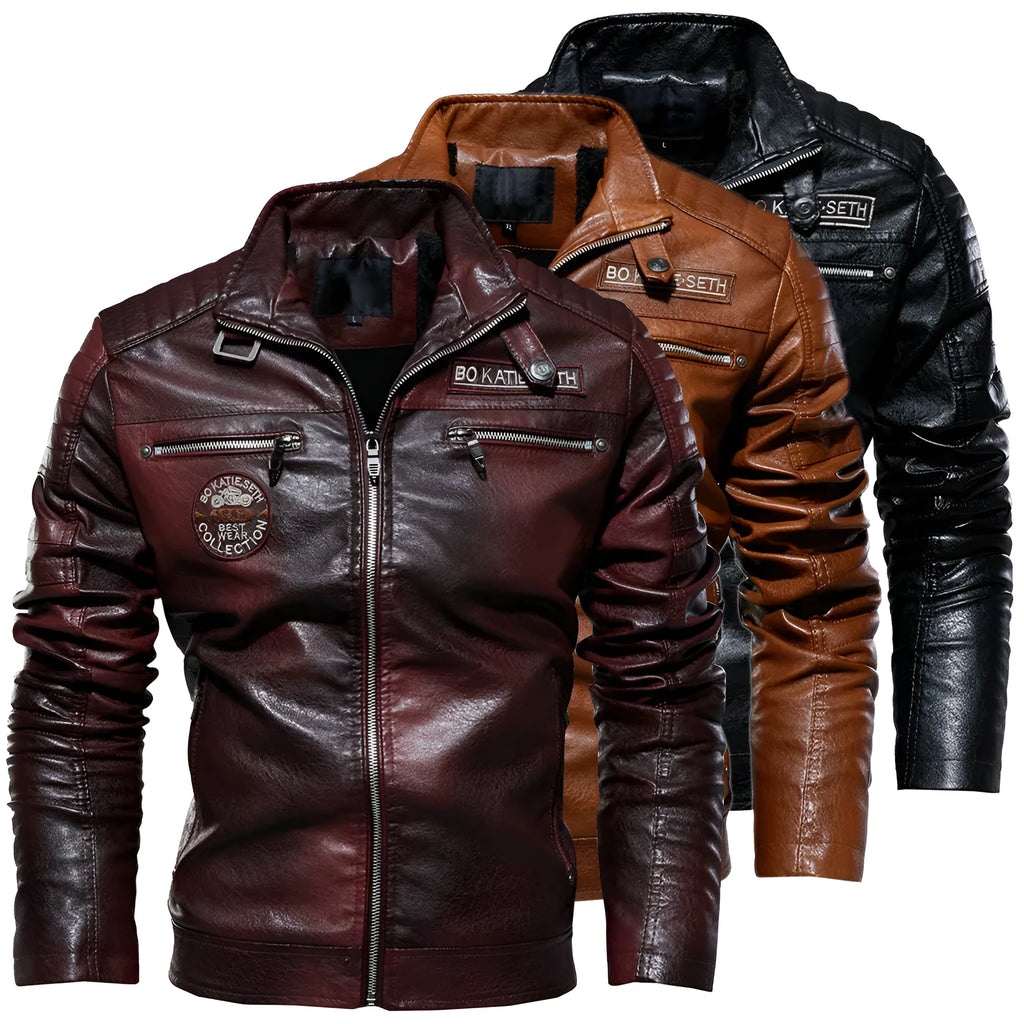 Men's PU leather jacket with cotton lining, black colour, size L to 3XL, front view