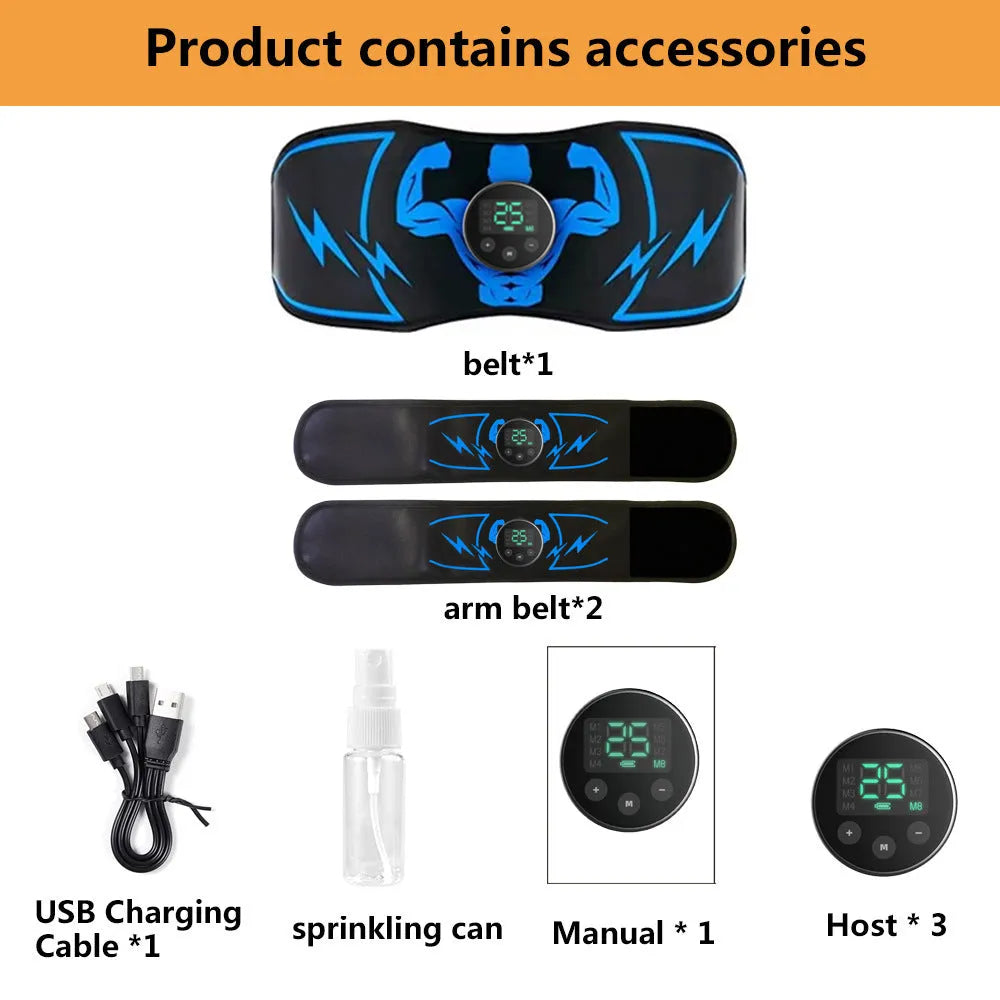 Blue EMS abdominal muscle stimulator with rechargeable battery, wireless remote, belt, and arm stickers