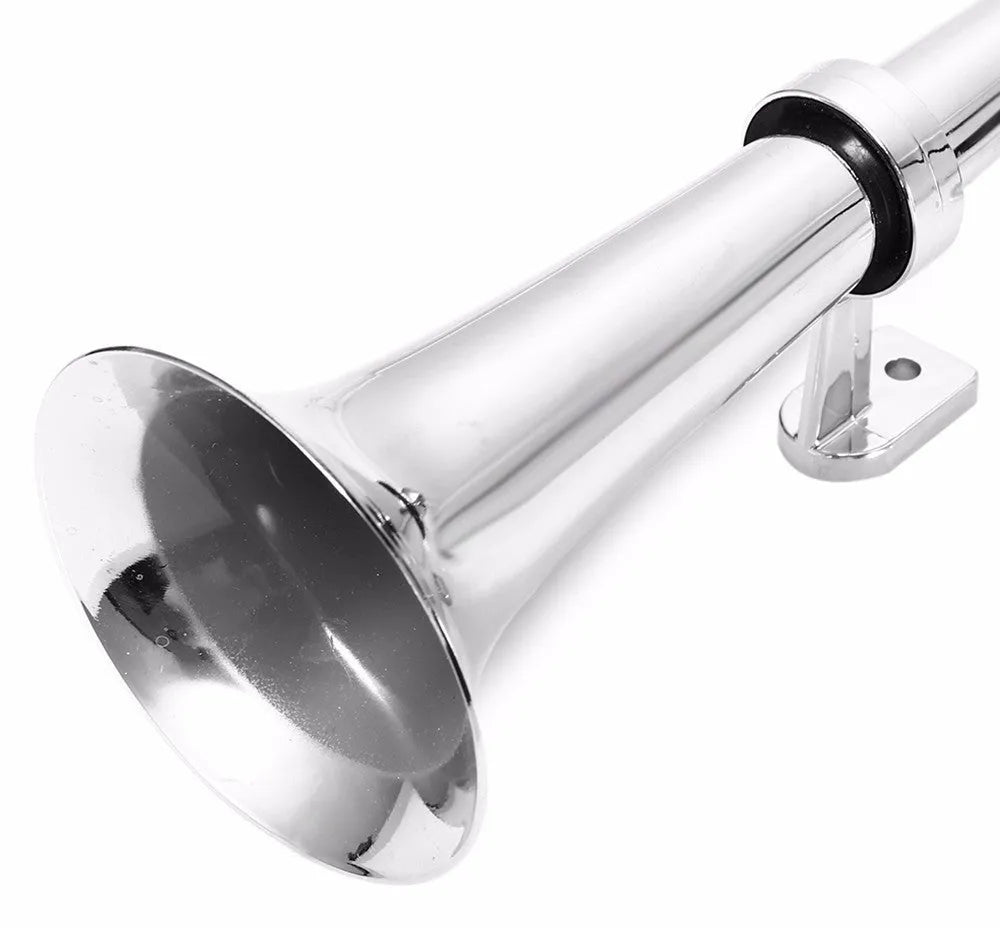 12V single trumpet loud car horn with chrome finish, 450mm length, on a white background