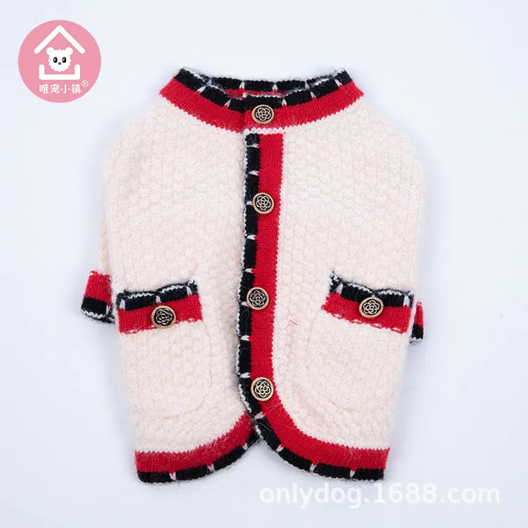 Blue classic style dog cardigan sweater with princess design on mannequin