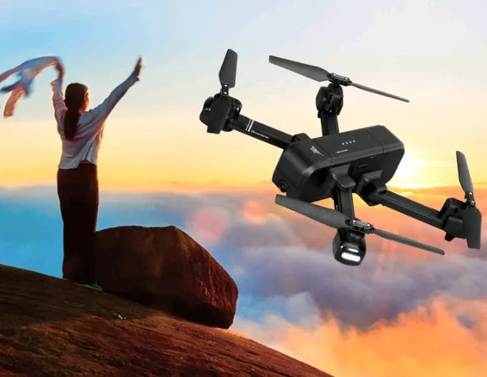 Black folding quadcopter drone with 1080P WiFi FPV camera, GPS return, folded size 14.5 x 10 x 6.5 cm