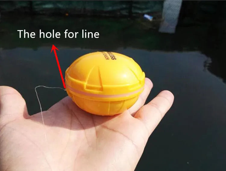 Yellow wireless sonar fish finder with 68x68x50cm dimensions, 125kHz frequency, and Bluetooth connectivity