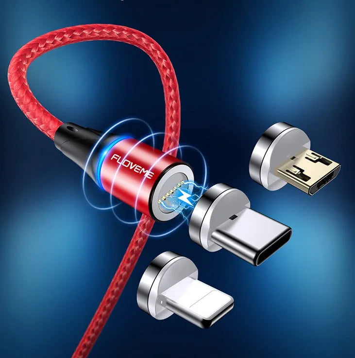 Black 3A fast charge magnetic data cable with 3-in-1 connector for iPhone, Android and Type-C.
