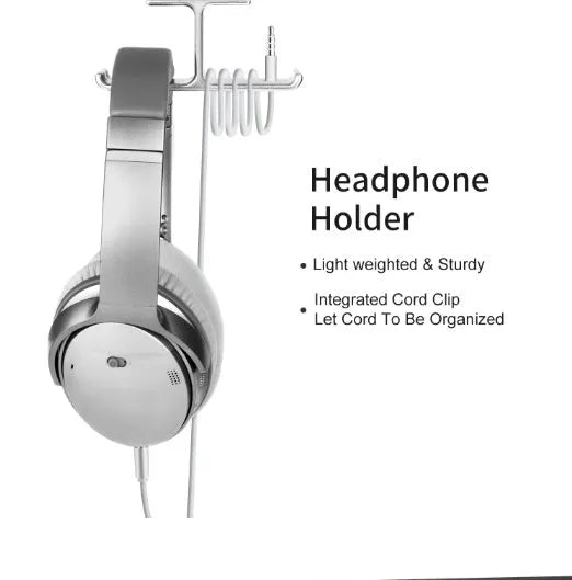 Under desk dual headphone hanger in aluminium alloy, 10 x 2.8 x 4.5cm, black or silver, holding two headphones.