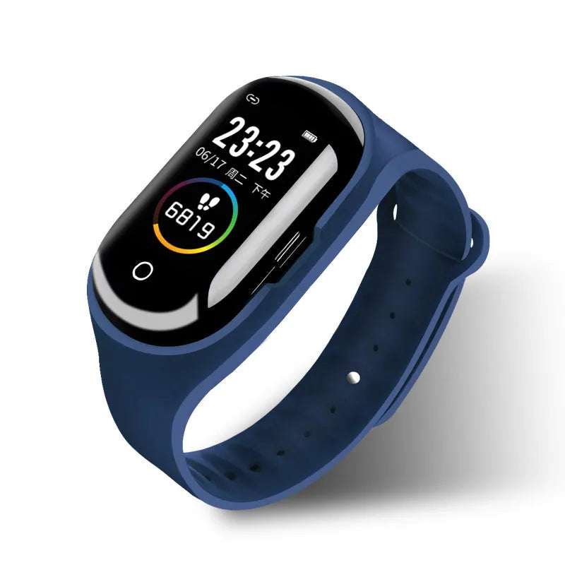Smart bracelet earphone combo in silicone with 1-inch screen, shown in black, blue, and red colour options.