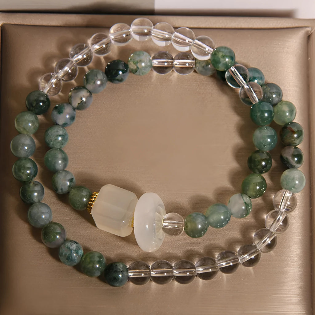 Green grass agate crystal bracelet for women with double circle white agate cube sugar flexible ring