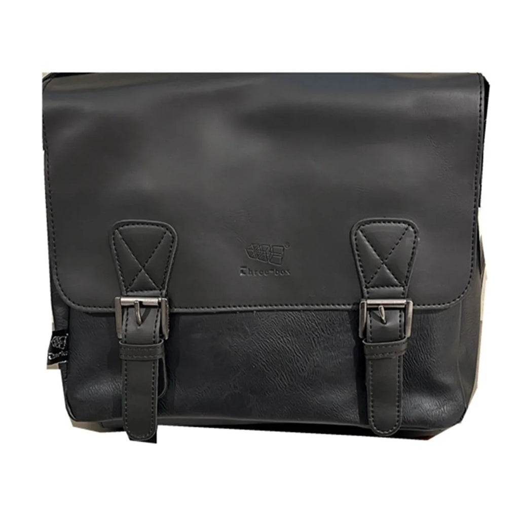 Retro men's messenger bag in light brown PU material with shoulder strap on neutral background