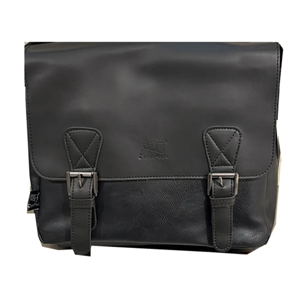 Retro men's messenger bag in light brown PU material with shoulder strap on neutral background