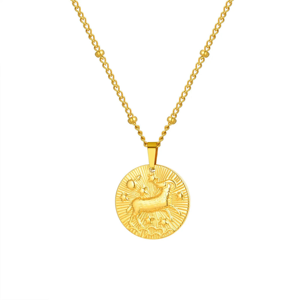 Stainless steel zodiac constellation bead necklace with twelve star signs on round geometric pendants and cross chain