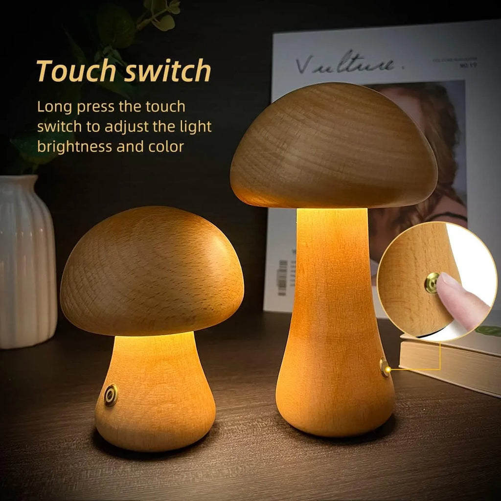 Wooden mushroom LED night light with touch switch, beech or walnut colour, 165 x 100 mm bedside lamp