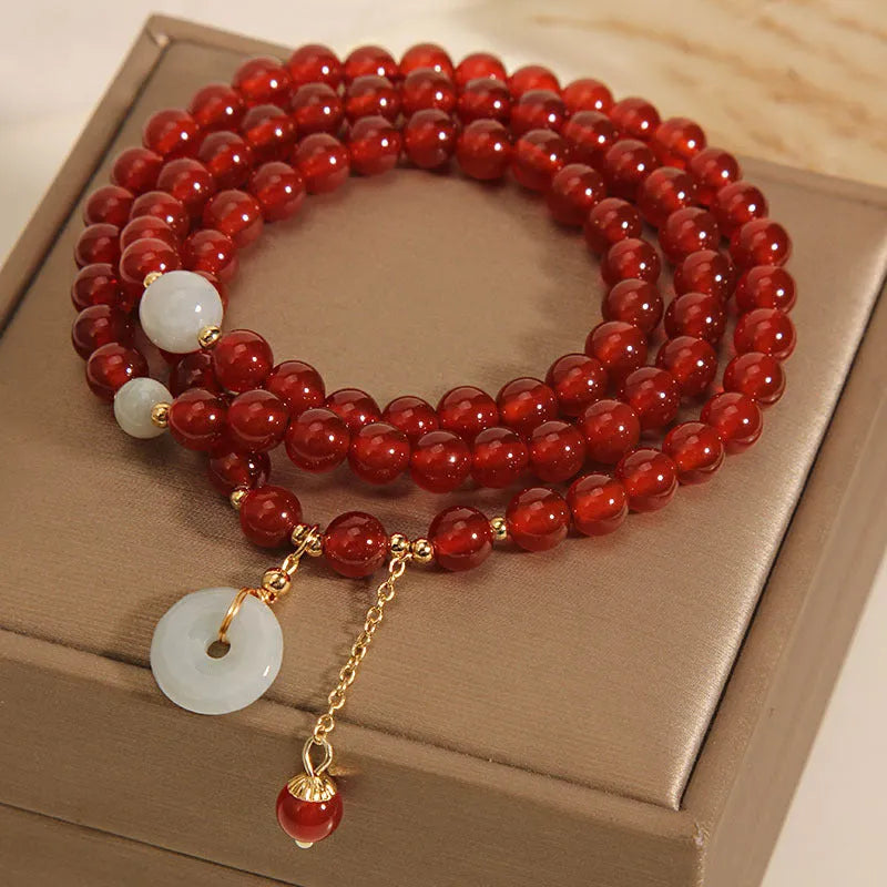 Women's multi-layer crystal bracelet with red agate stones in retro ethnic style