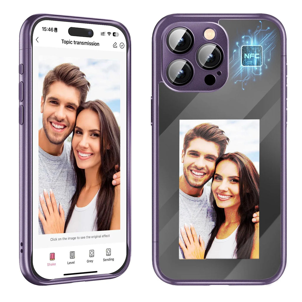Black iPhone 15 Pro flip case with NFC ink screen for custom DIY designs