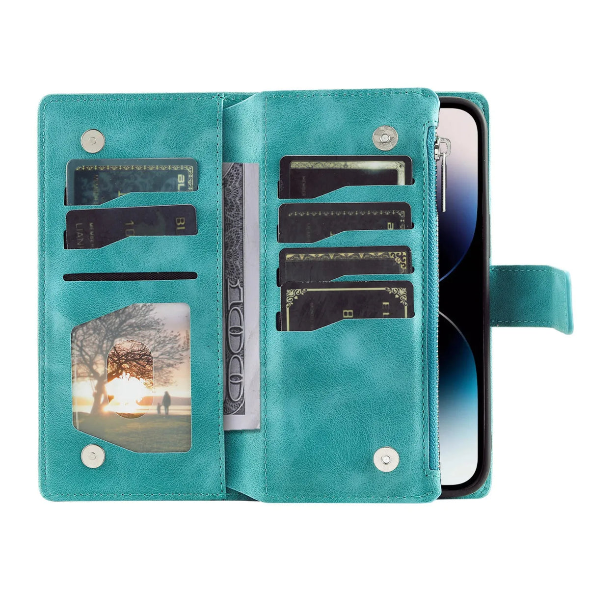 Embossed totem PU leather flip wallet phone case for iPhone with card slots and zipper in black, blue, green, pink, red, or purple.
